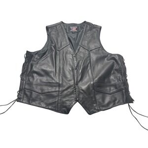 Allstate Leather Mens XL Black Leather Biker Vest Side Lace Snap Front Western
